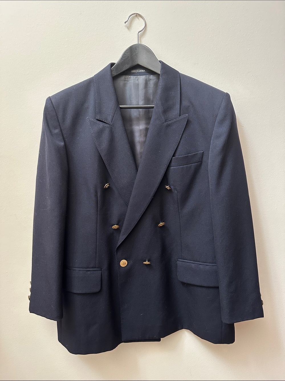 Vintage Double-Breasted Navy Wool Blazer with Gold Buttons